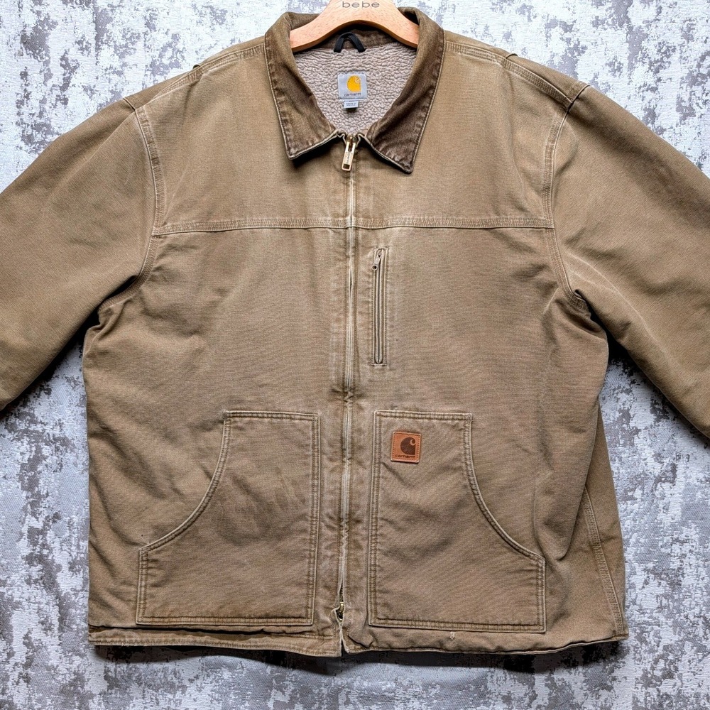 Vintage Carhartt Sandstone Ridge Coat Tan Sherpa Lined Canvas Jacket Mens 2XL